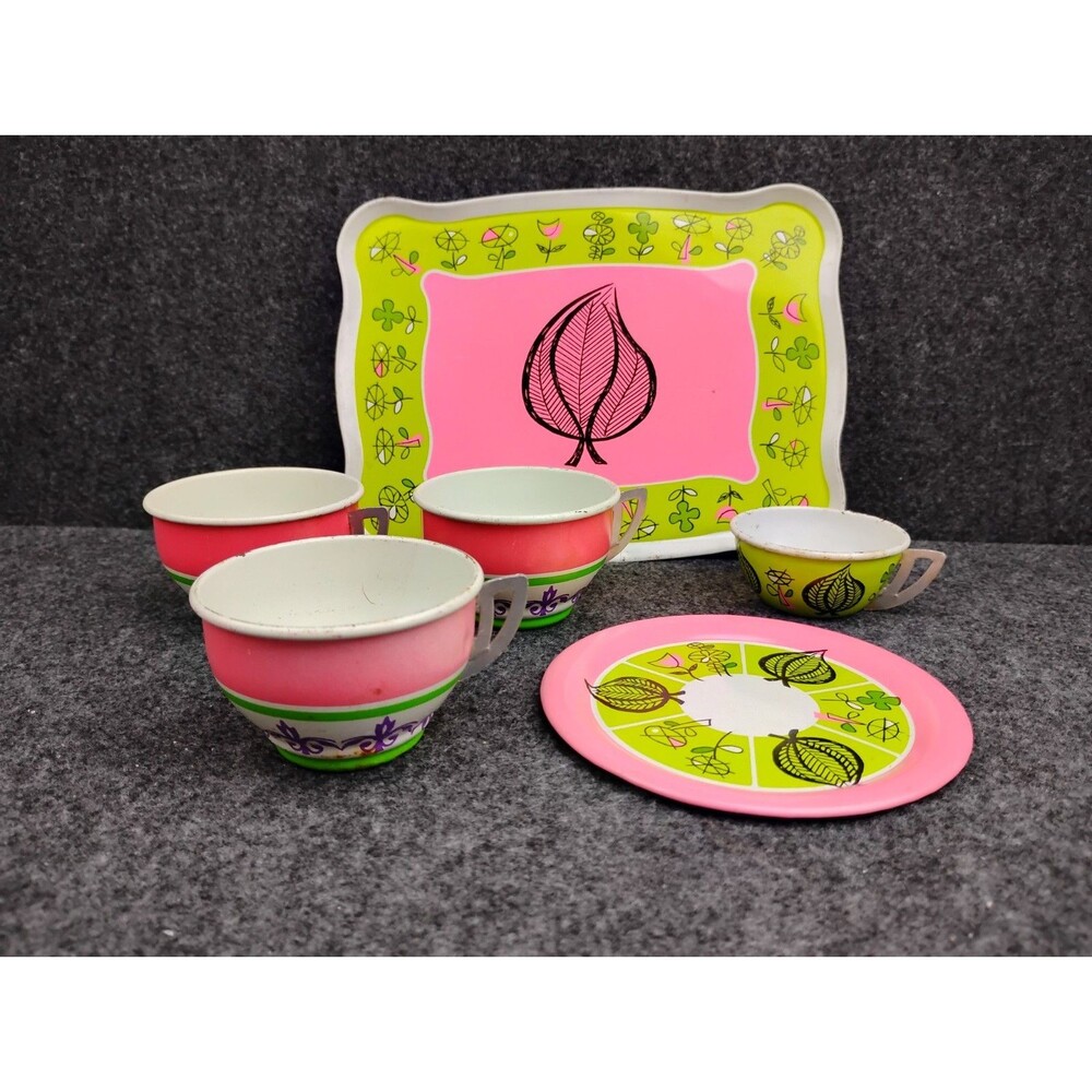 Vintage Lot Of 5 Tin Toy Cups Tray Saucer Pink Green Mixed Lot